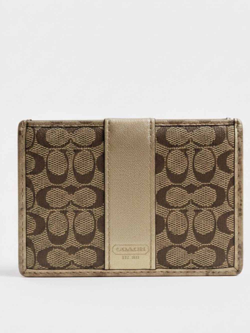 Coach Signature Canvas & Metallic Gold Bifold Card Case ID Wallet - Picture 3 of 10